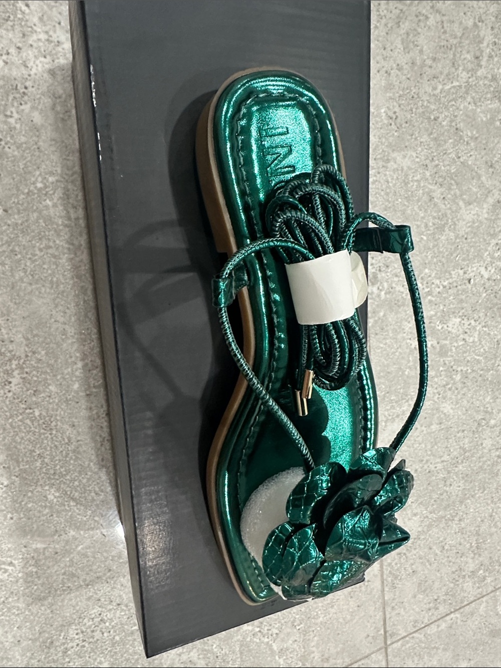 INC International Concepts Metallic Emerald Green Floral Lace-Up Sandals